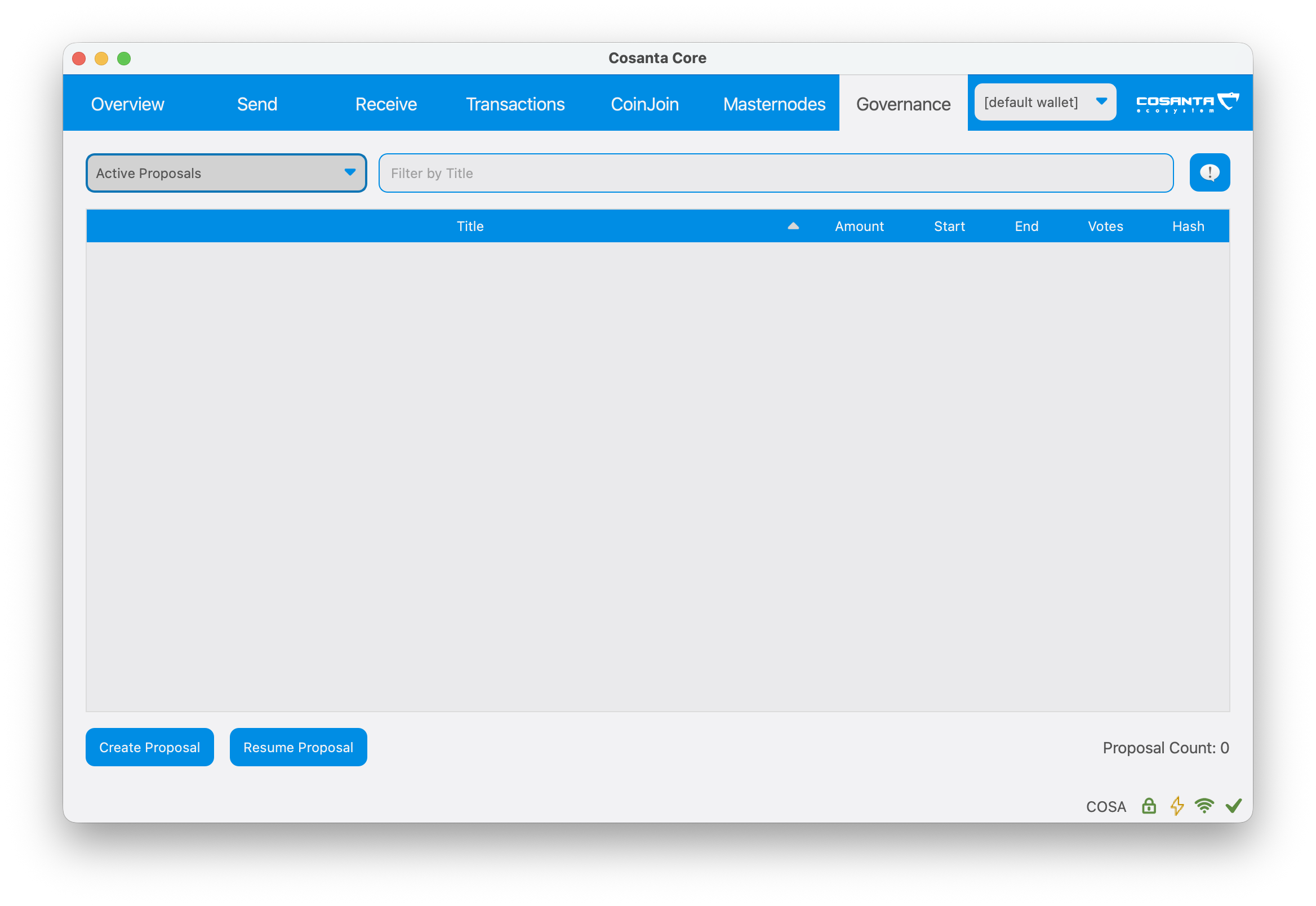 The Governance tab in Cosanta Core with the Create Proposal button