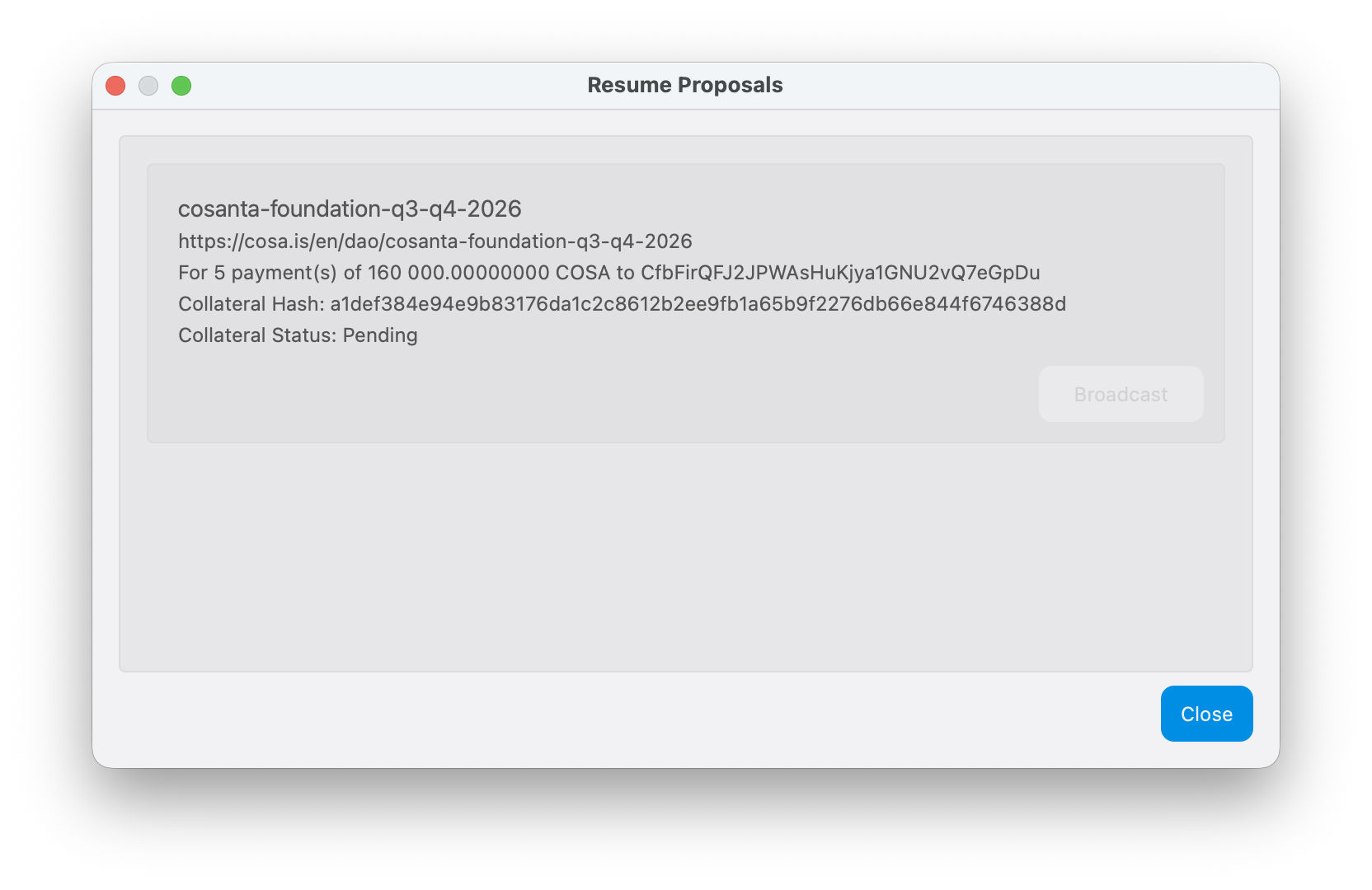 Resume Proposals window showing a proposal with Collateral Status Pending