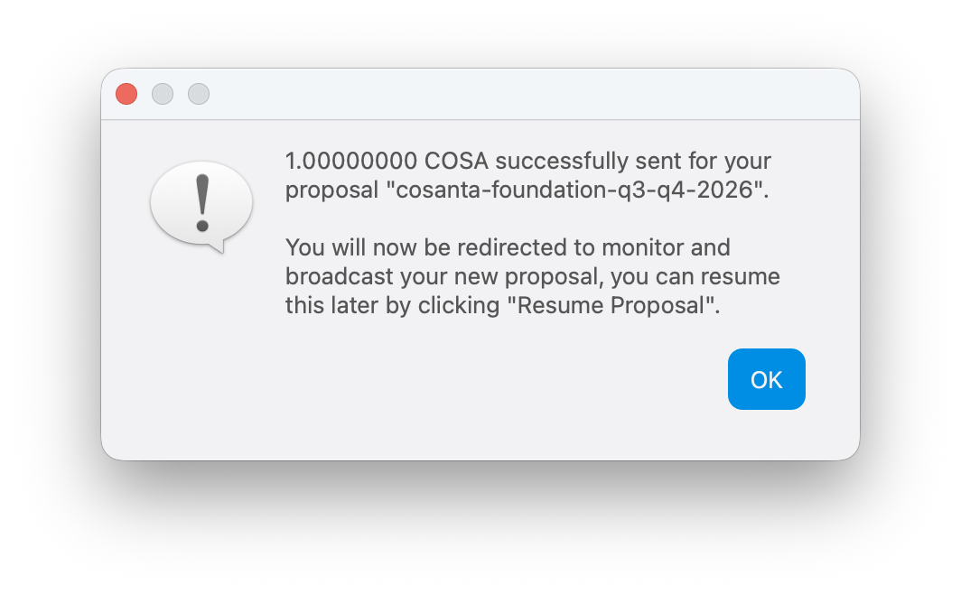 Message confirming that 1 COSA was successfully sent for the proposal