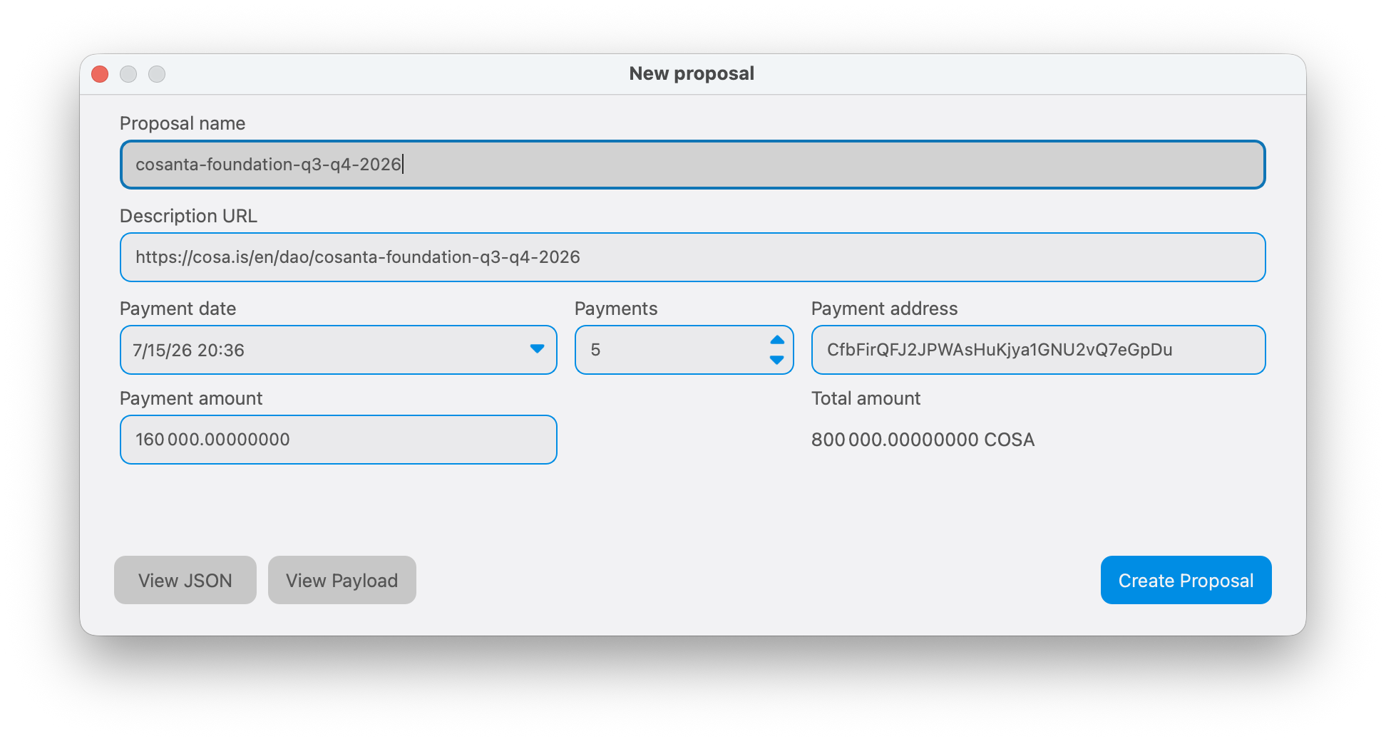 The New proposal form with Cosanta DAO proposal parameters