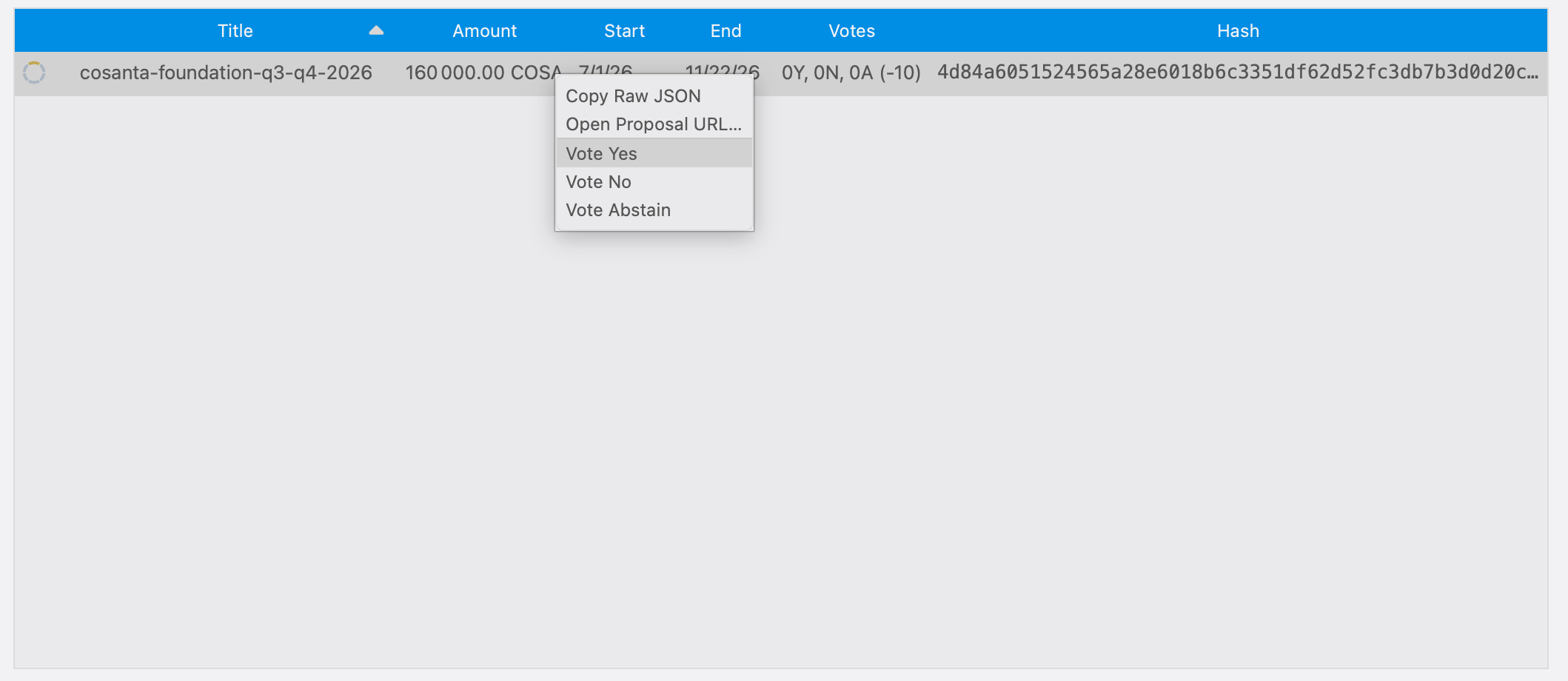 Proposal context menu with Vote Yes, Vote No, and Vote Abstain options